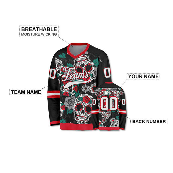 Custom Black White-Red 3D Skull Fashion Authentic Hockey Jersey