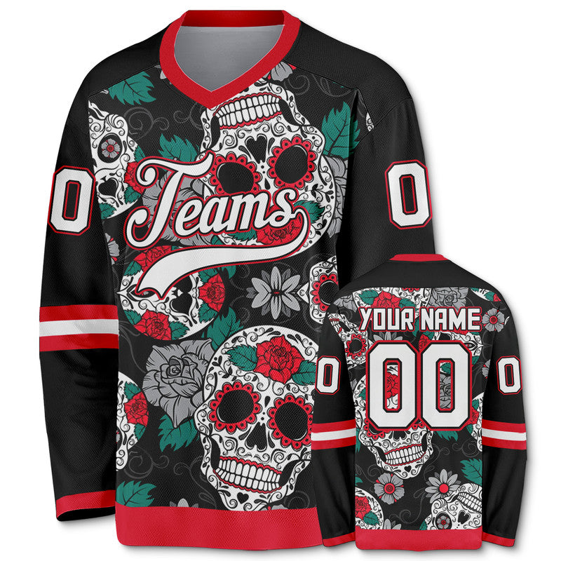 Custom Black White-Red 3D Skull Fashion Authentic Hockey Jersey