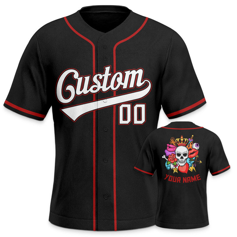 Custom Black White-Red Authentic Skull Fashion Baseball Jersey 2