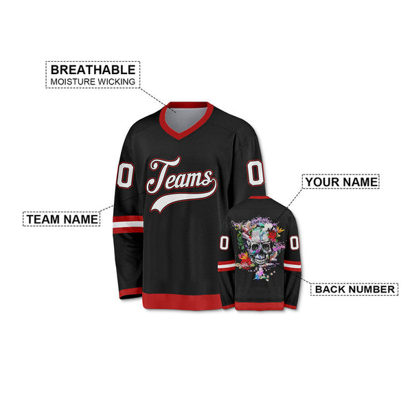 Custom Black White-Red Authentic Skull Fashion Hockey Jersey