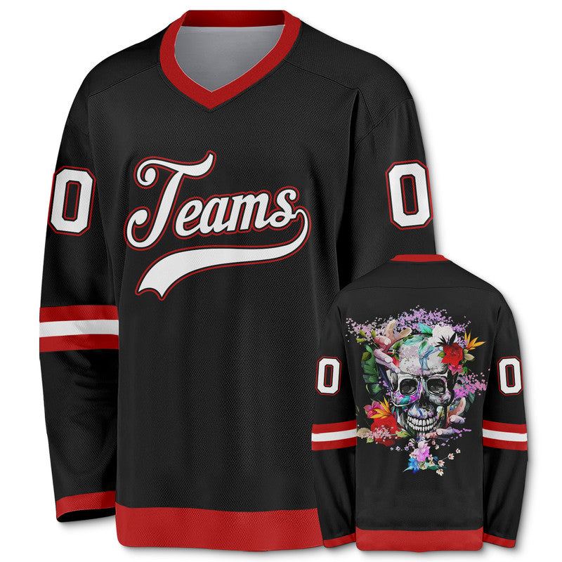 Custom Black White-Red Authentic Skull Fashion Hockey Jersey