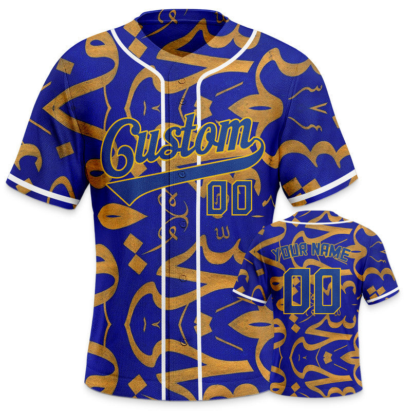 Custom Graffiti Pattern Royal-Gold 3D Pattern Design Authentic Baseball Jersey