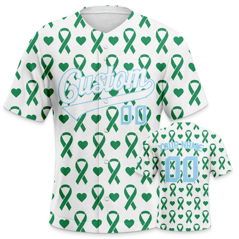 Custom Kelly Green White-Light Blue 3D Pattern Design Breast Cancer Authentic Baseball Jersey