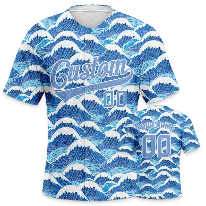 Custom Light Blue White-Light Blue 3D Pattern Design Waves Authentic Baseball Jersey