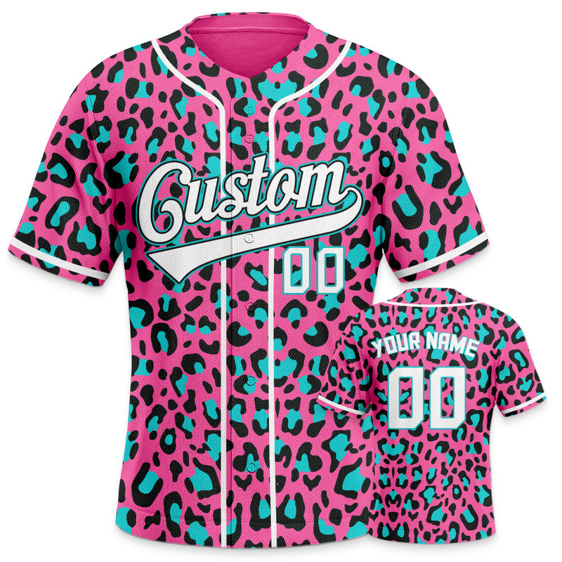 Custom Pink Powder Blue-White 3D Pattern Design Leopard Authentic Baseball Jersey