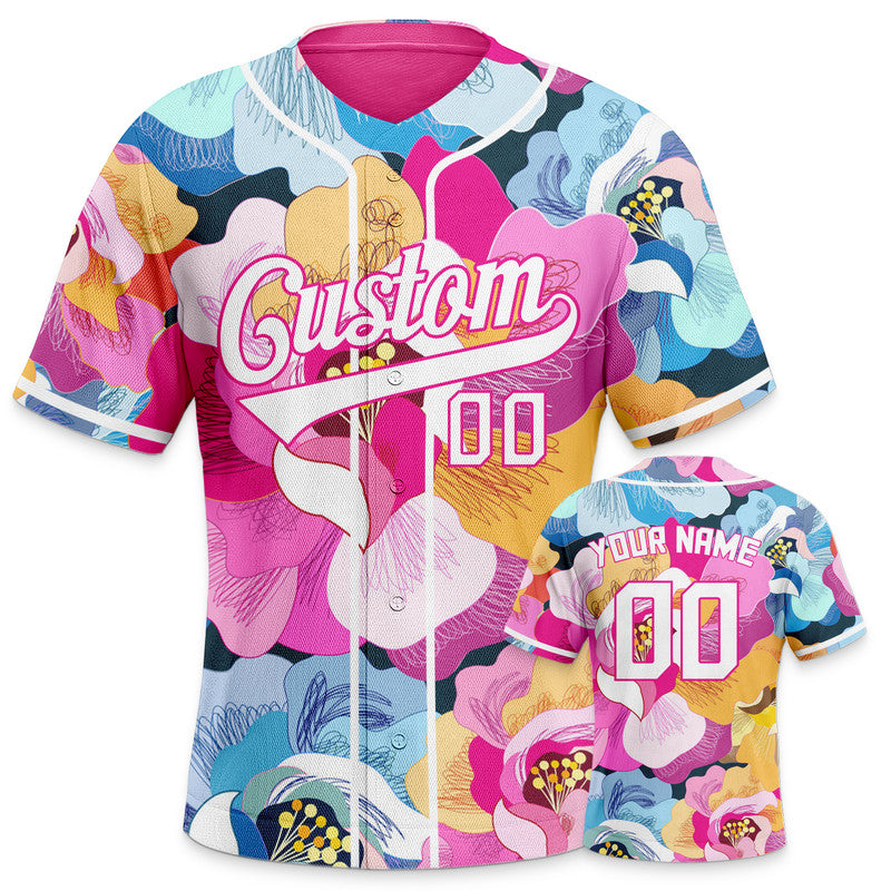 Custom Pink White-Pink 3D Pattern Design Flowers Authentic Baseball Jersey