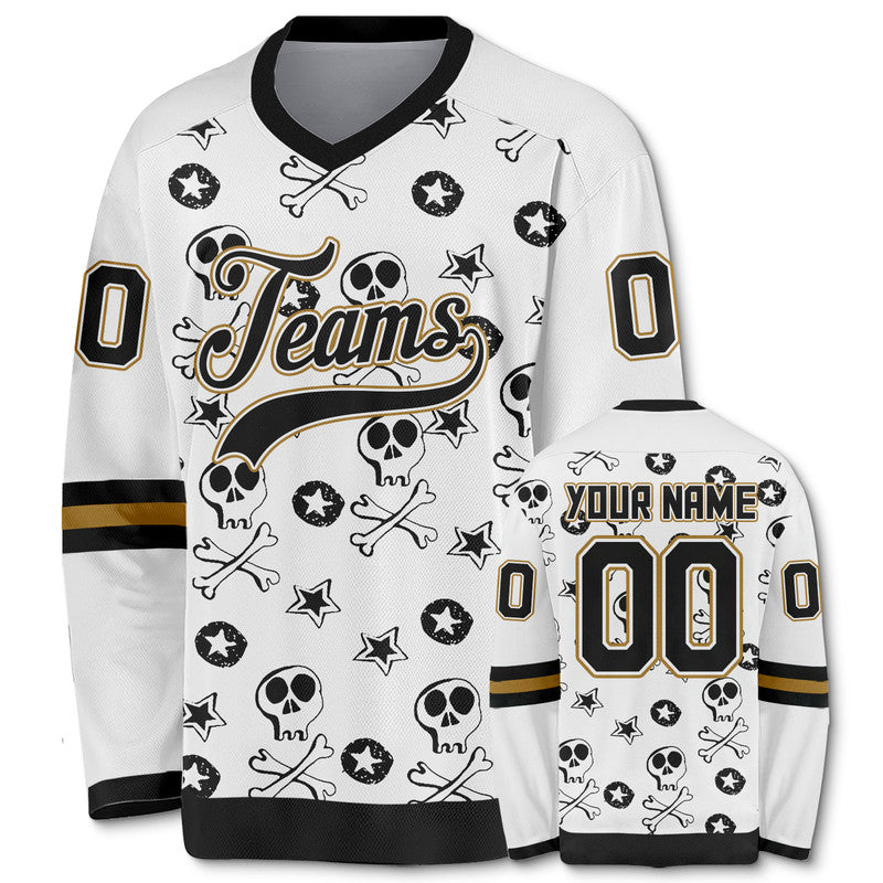 Custom White Black-Old Gold 3D Skull Fashion Authentic Hockey Jersey