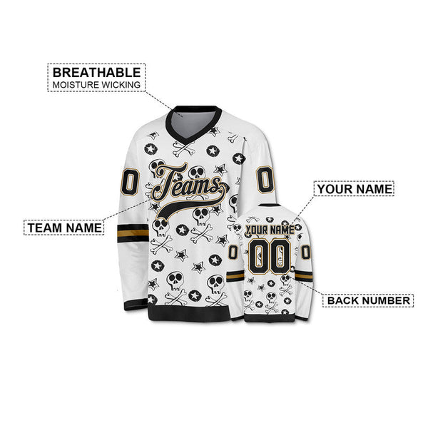 Custom White Black-Old Gold 3D Skull Fashion Authentic Hockey Jersey