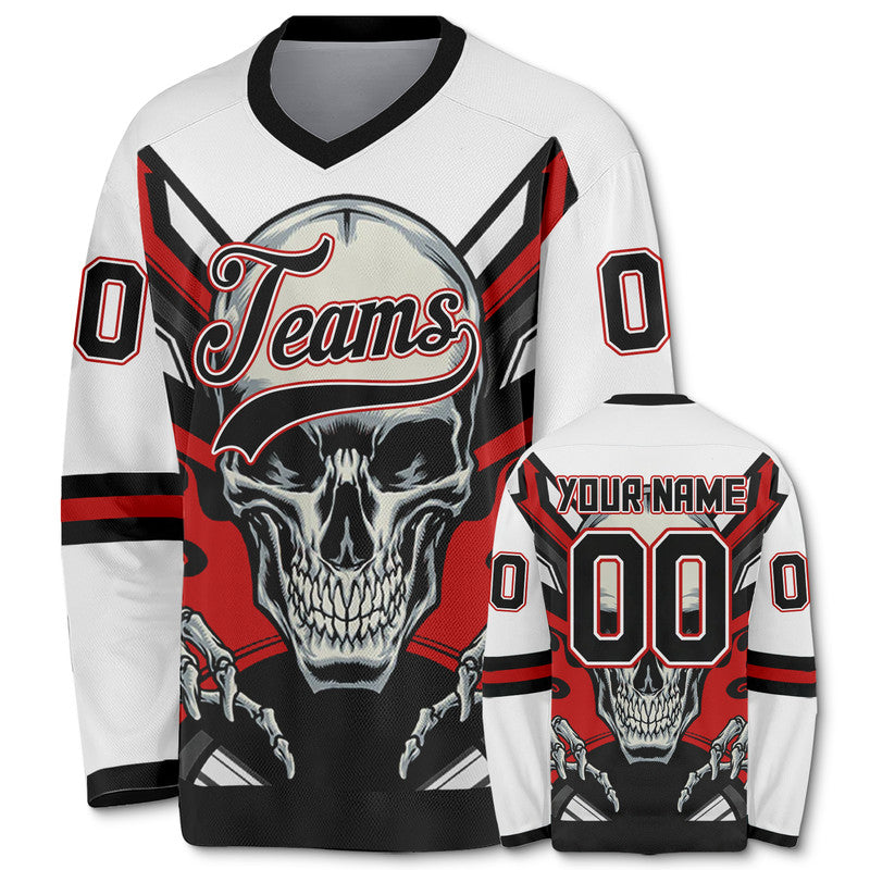 Custom White Red-Black 3D Skull Authentic Hockey Jersey