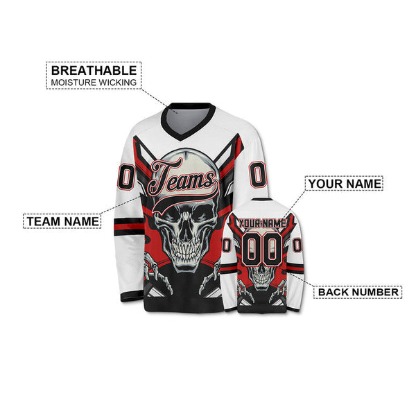 Custom White Red-Black 3D Skull Authentic Hockey Jersey