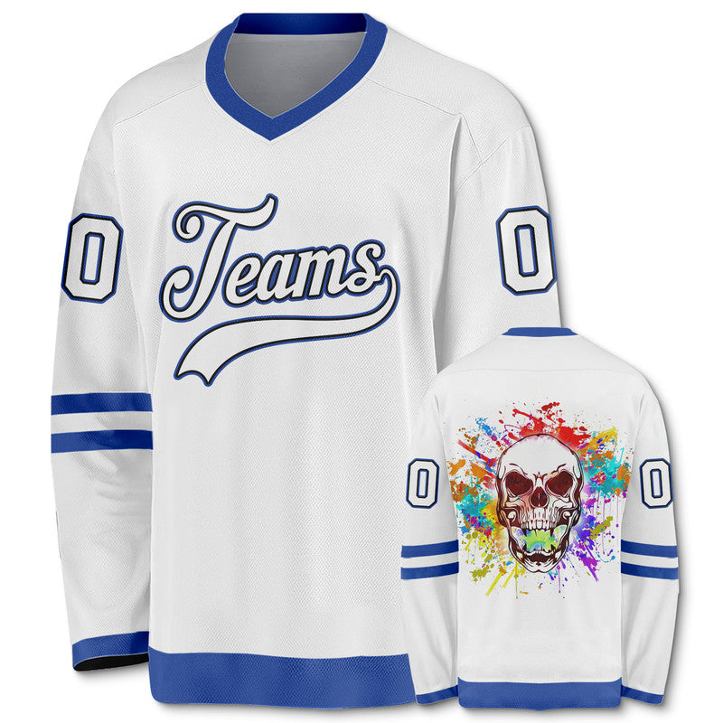 Custom White Royal-Red Authentic Skull Fashion Hockey Jersey