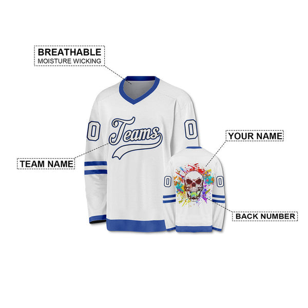 Custom White Royal-Red Authentic Skull Fashion Hockey Jersey