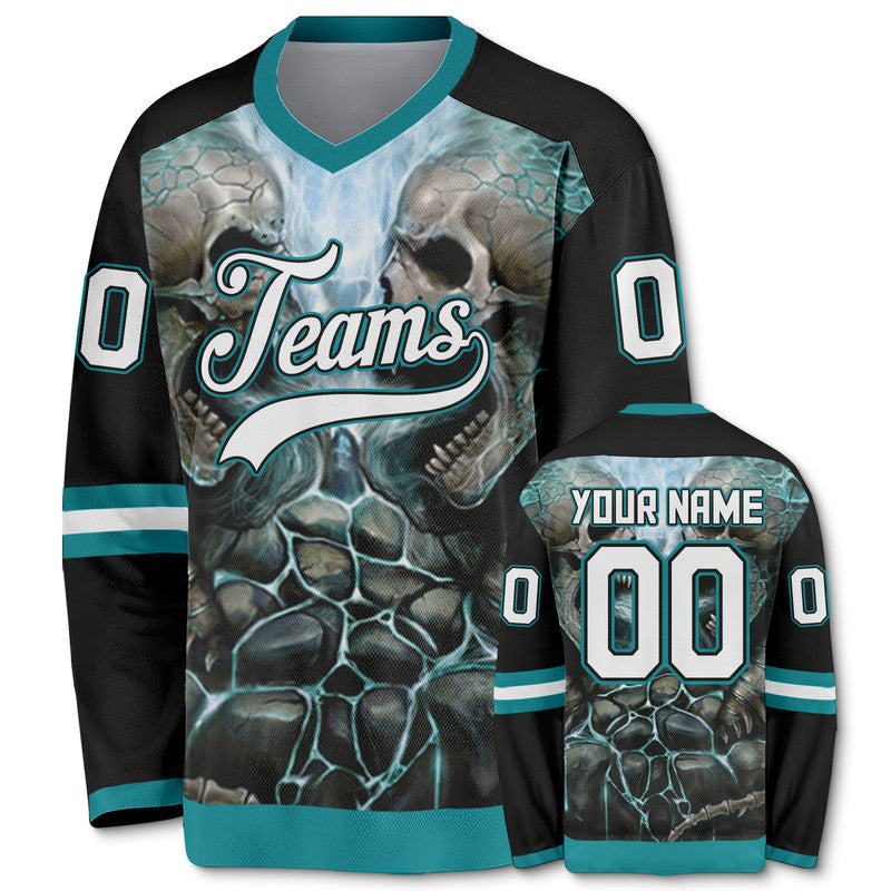 Custom Black Aqua-White Authentic Skull Fashion Hockey Jersey