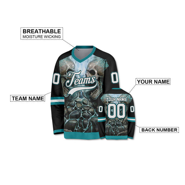 Custom Black Aqua-White Authentic Skull Fashion Hockey Jersey