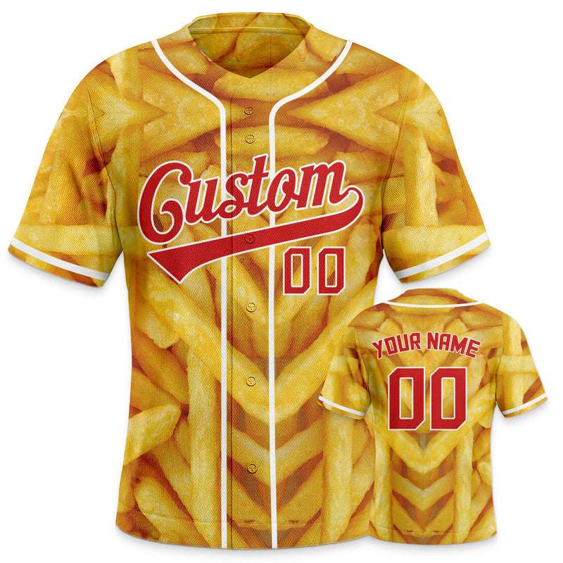 Custom Gold Red-White 3D Pattern Design French fries Authentic Baseball Jersey