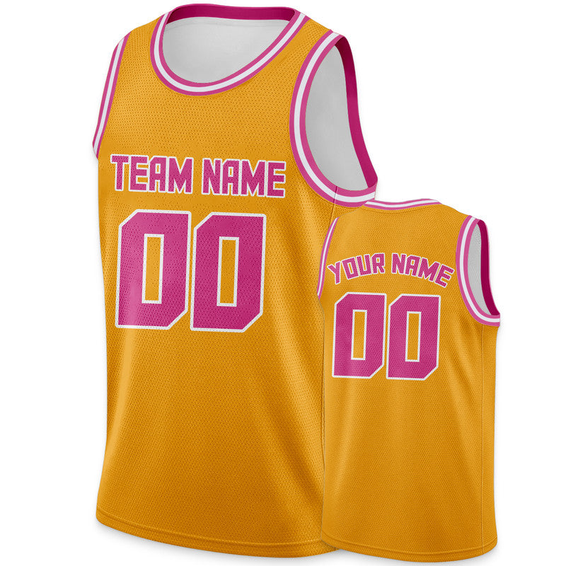 Custom Gold Pink Round Neck Rib-Knit Basketball Jersey