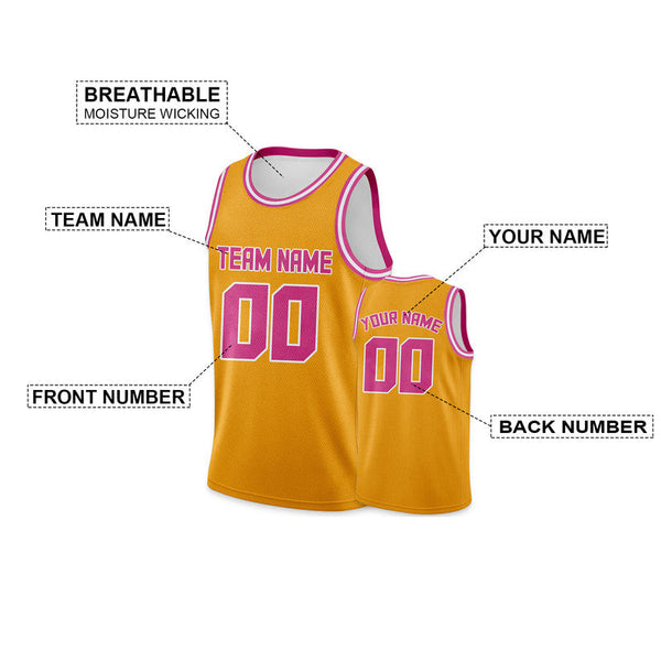 Custom Gold Pink Round Neck Rib-Knit Basketball Jersey