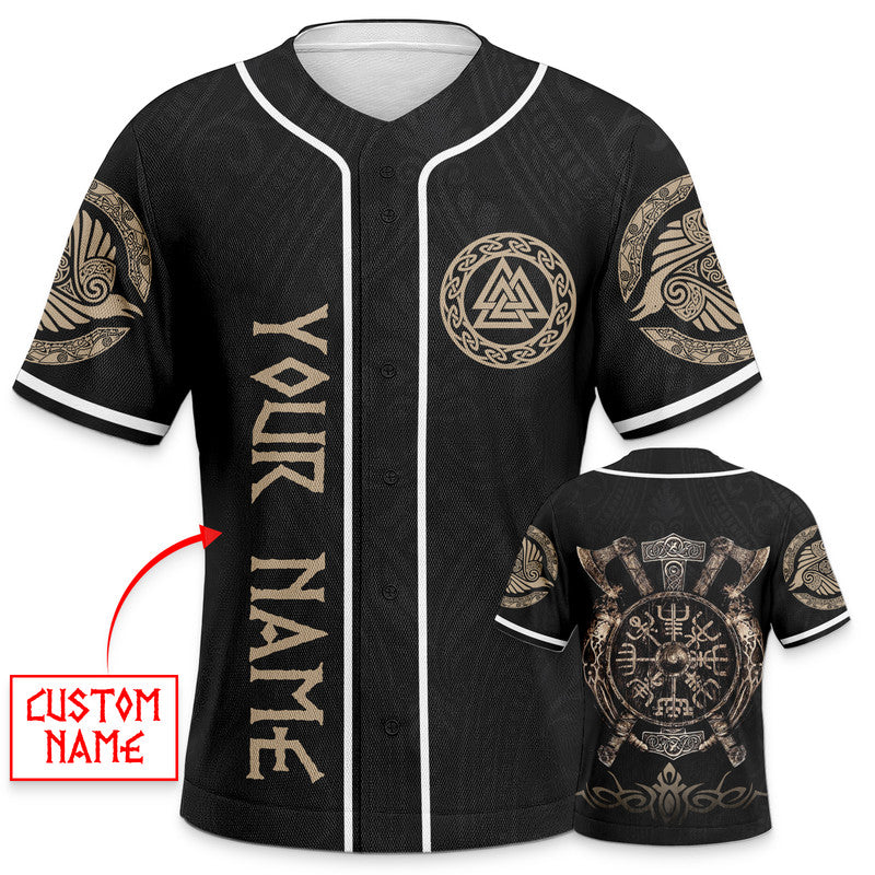 Gold Valknut Runic Compass Thor's Hammer Axes Viking Custom Baseball Jersey