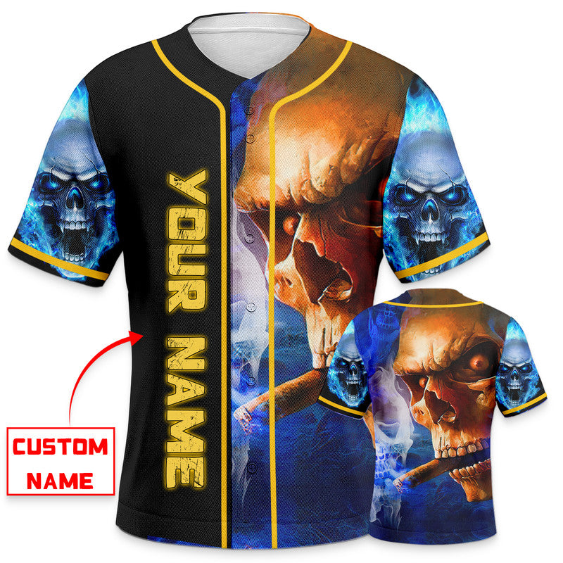 Golden Smoking Blue Smoke Skull Custom Baseball Jersey