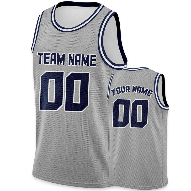 Custom Gray Navy Round Neck Rib-Knit Basketball Jersey