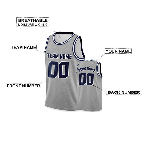 Custom Gray Navy Round Neck Rib-Knit Basketball Jersey