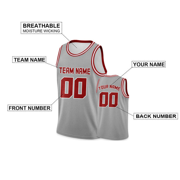 Custom Gray Red Round Neck Rib-Knit Basketball Jersey