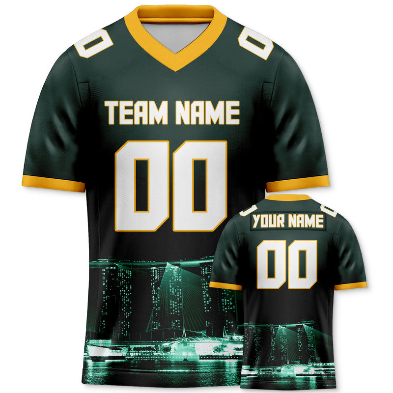 Custom 3D City Night Kelly Green White-Gold Authentic Football Silhouette Jersey