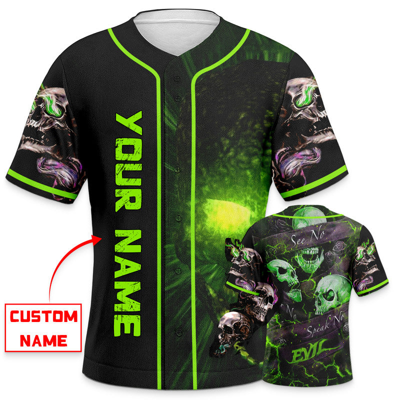 Hear No Evil See No Evil Speak No Evil Custom Green Skull Baseball Jersey