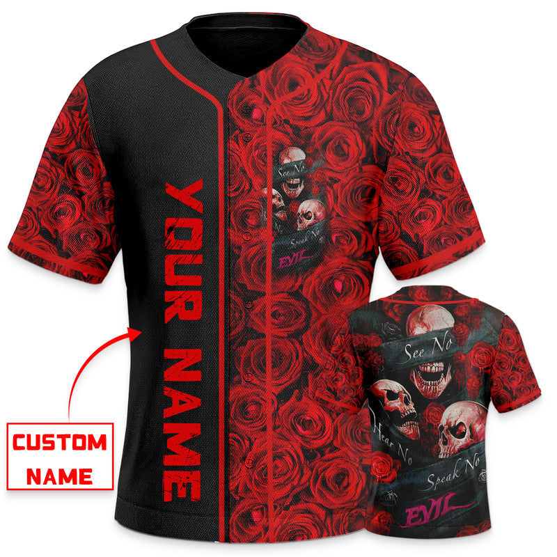 Hear No Evil See No Evil Speak No Evil Rose Skull Custom Baseball Jersey