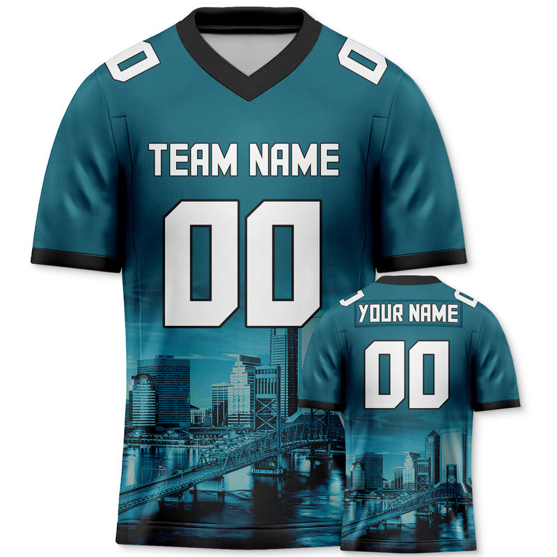 Custom 3D City Night Aqua White-Black Authentic Football Silhouette Jersey