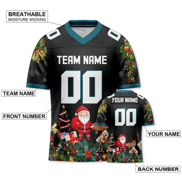 CHRISTMAS DAY CUSTOM BLACK WHITE-AQUA SANTA CLAUS AUTHENTIC FOOTBALL JERSEY