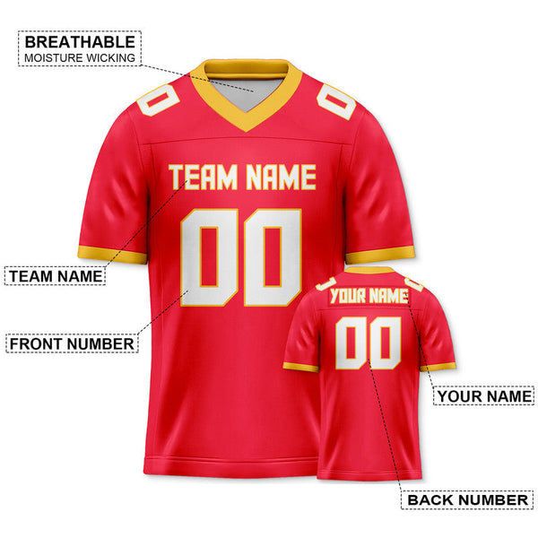 Custom Red White-Gold Mesh Authentic Football Jersey