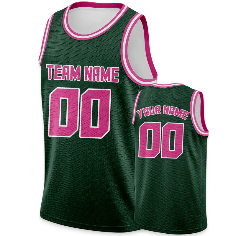 Custom Kelly Green Pink Round Neck Rib-Knit Basketball Jersey