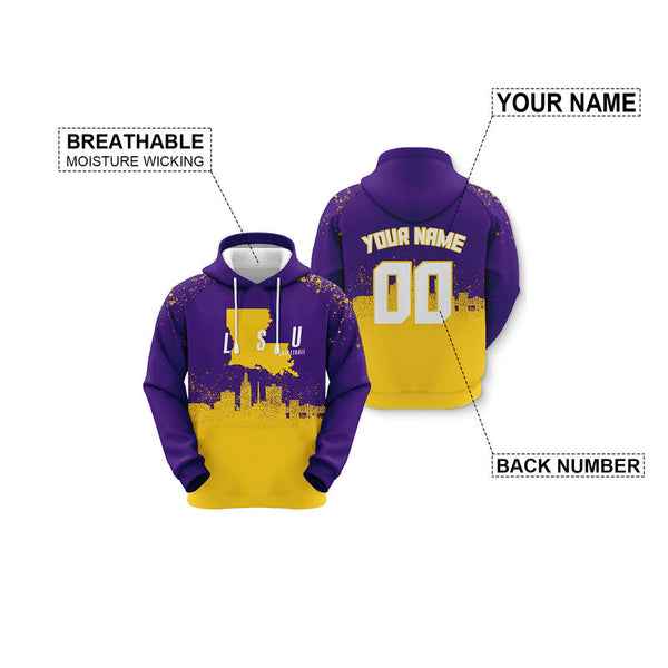 Custom Sports Pullover Sweatshirt Colleage Basketball Graffiti Map LSU Fashion Hoodie