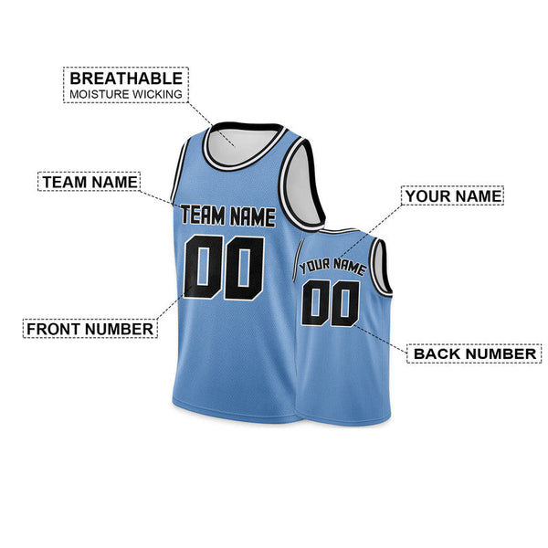 Custom Light Blue Black Round Neck Rib-Knit Basketball Jersey