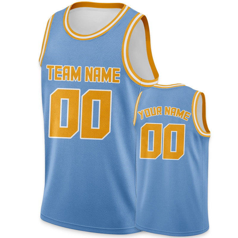 Custom Light Blue Gold Round Neck Rib-Knit Basketball Jersey