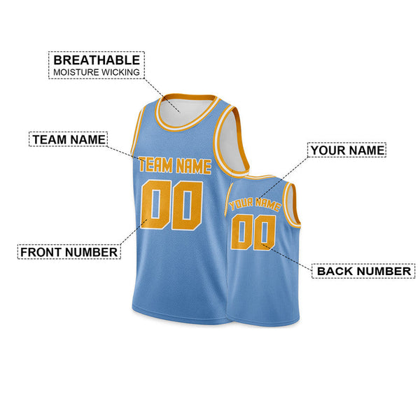 Custom Light Blue Gold Round Neck Rib-Knit Basketball Jersey