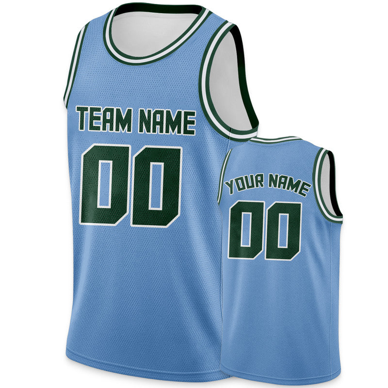 Custom Light Blue Kelly Green Round Neck Rib-Knit Basketball Jersey