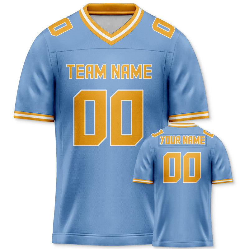 Custom Light Blue Gold Mesh Authentic Football Jersey