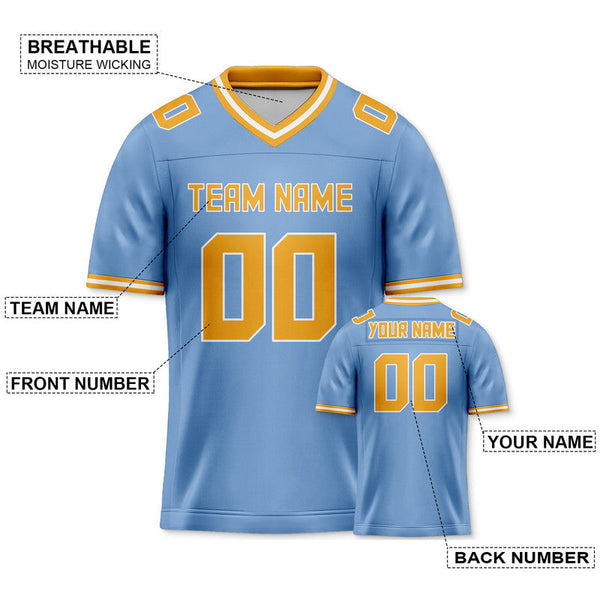 Custom Light Blue Gold Mesh Authentic Football Jersey