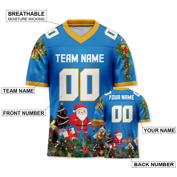 CHRISTMAS DAY CUSTOM POWDER BLUE WHITE-GOLD SANTA CLAUS AUTHENTIC FOOTBALL JERSEY