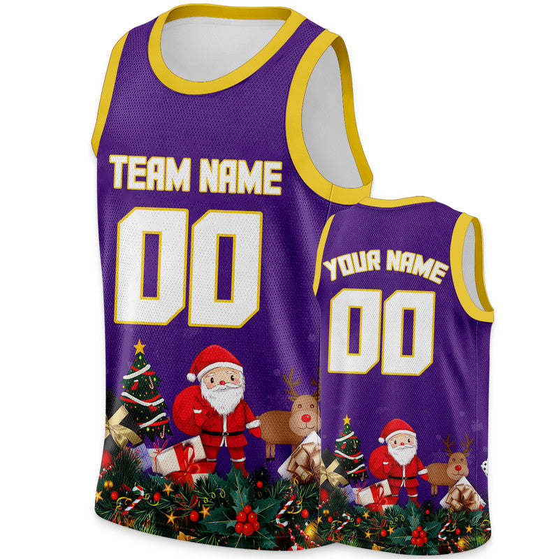 Christmas Day Custom Purple White-Gold Santa Claus Authentic Basketball Jersey