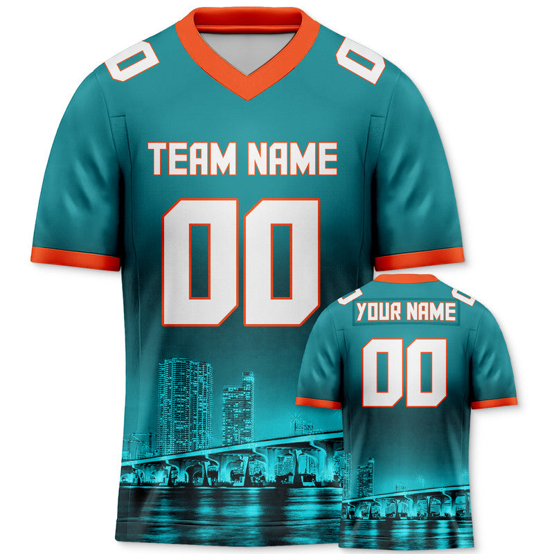 Custom 3D City Night Aqua White-Orange Authentic Football Silhouette Jersey