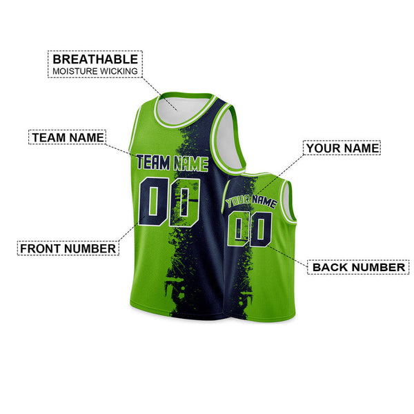 Custom Neon Green Navy-White Authentic Spilt Fashion Basketball Jersey