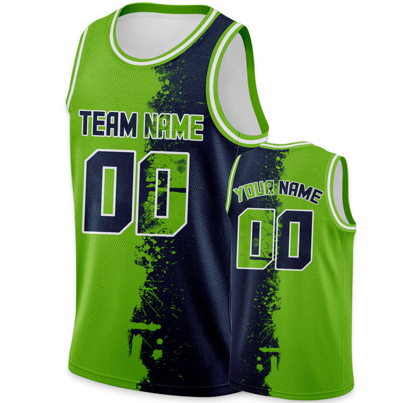 Custom Neon Green Navy-White Authentic Spilt Fashion Basketball Jersey