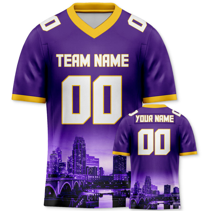 Custom 3D City Night Purple White-Gold Authentic Football Silhouette Jersey