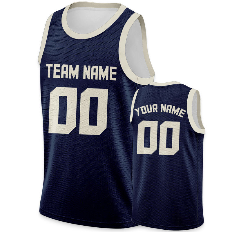 Custom Navy Cream Round Neck Rib-Knit Basketball Jersey