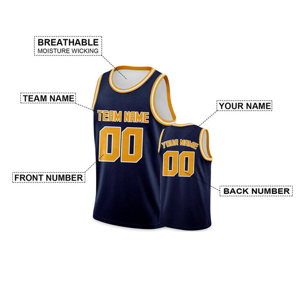 Custom Navy Gold Round Neck Rib-Knit Basketball Jersey