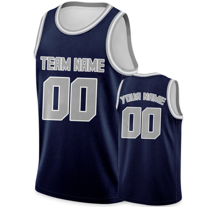 Custom Navy Gray Round Neck Rib-Knit Basketball Jersey