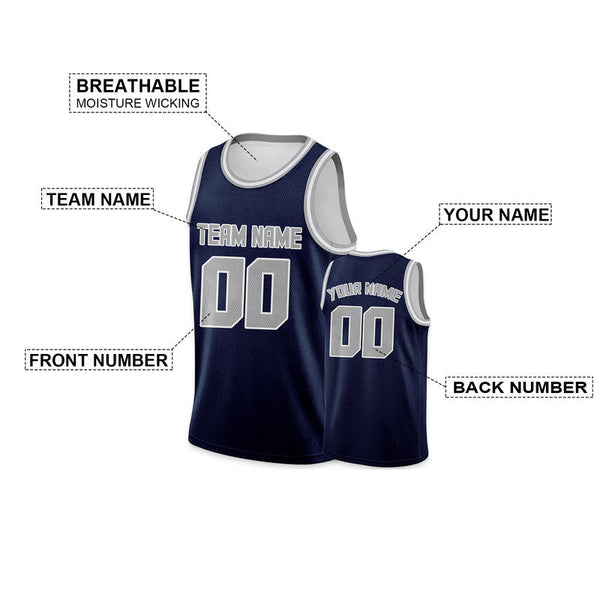 Custom Navy Gray Round Neck Rib-Knit Basketball Jersey